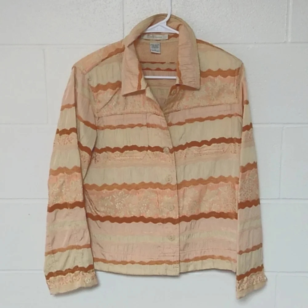 ERIN LONDON TAPESTRY, MULTI TEXTURED, WARM PASTELS & TAN SHOULDER PADS, JACKET